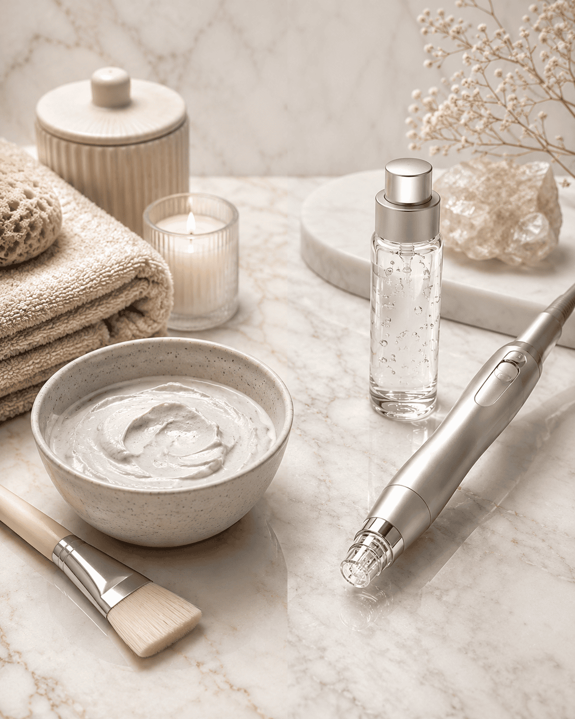 Diamond-tip treatment device displayed beside a facial mask bowl, application brush, serum, towels, and spa accessories on a neutral marble surface