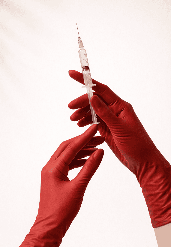 A pair of hands wearing red gloves holding a botox needle and syringe